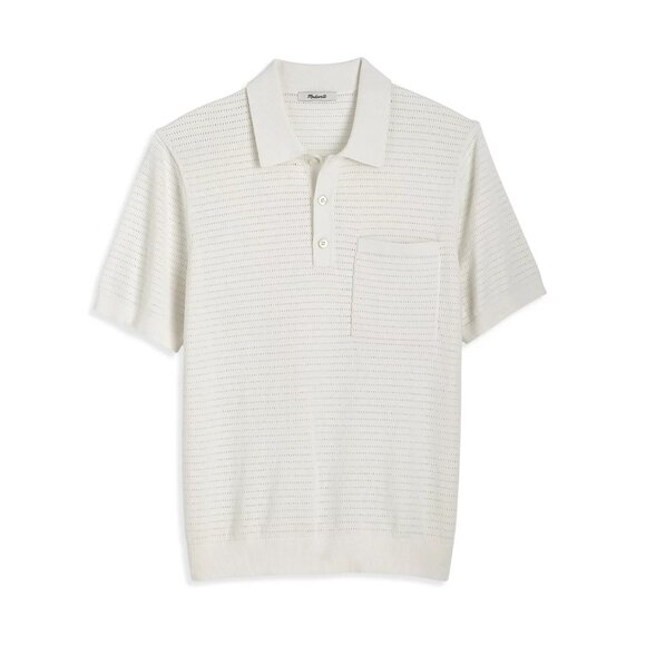 Madewell Men's Short Sleeve Pointelle Stitch Polo Sweater Pocket Shirt Salt - Picture 5 of 6